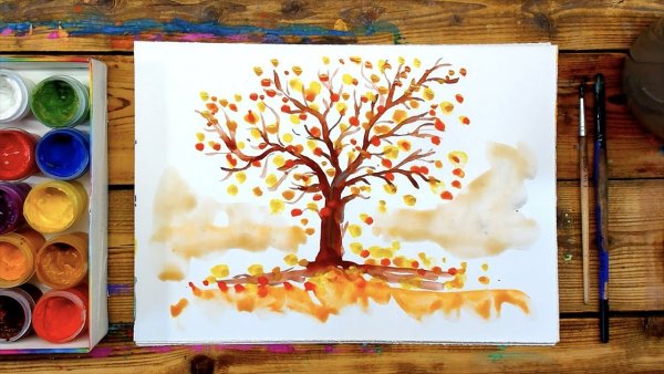 Осенний лес акварелью для детей