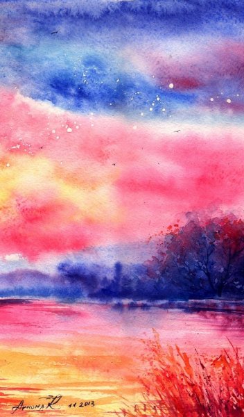 Пейзаж акварелью яркий