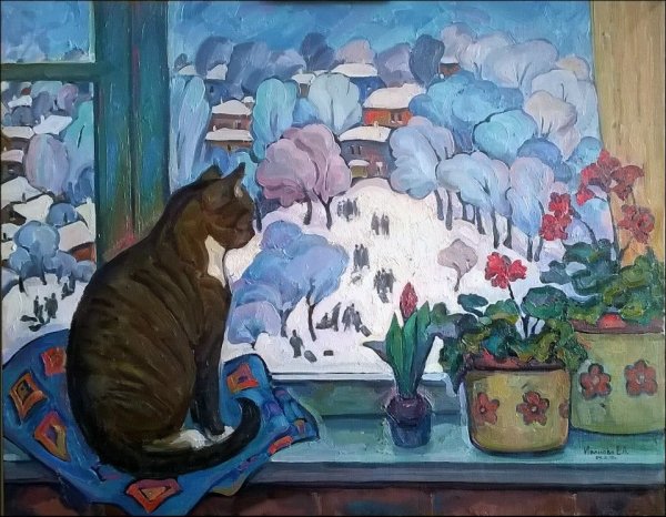 Кошка на окошке живопись