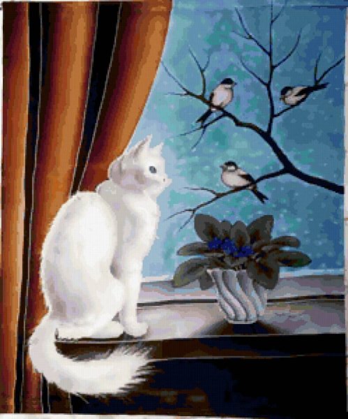 Белая кошка на окошке