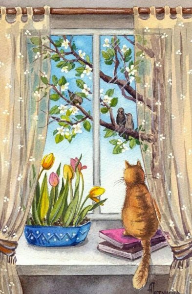 Кошка на окошке рисование