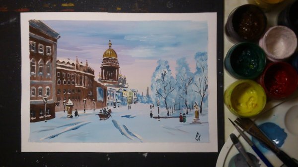 Зимний пейзаж города гуашью