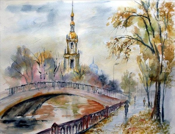 Осенний городской пейзаж акварелью