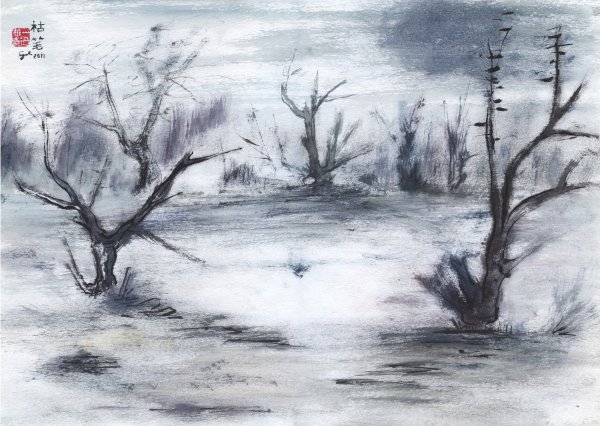 Пейзаж в технике сухая кисть