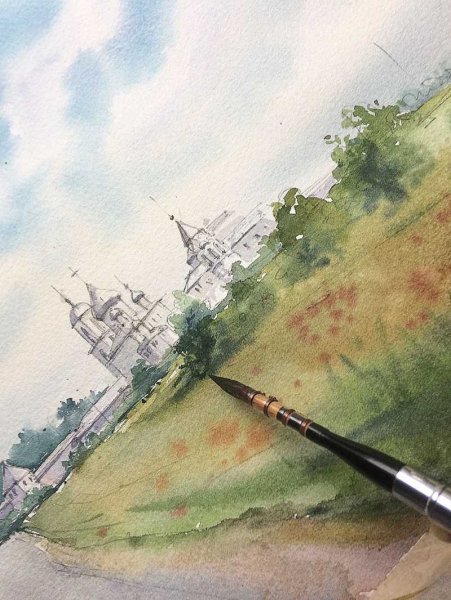 Пейзаж сухая кисть акварель