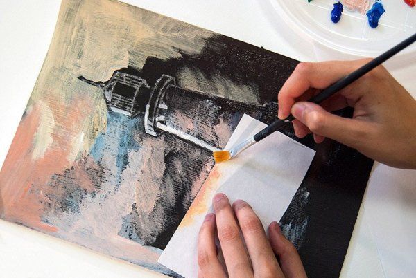 Рисование сухой кистью гуашью