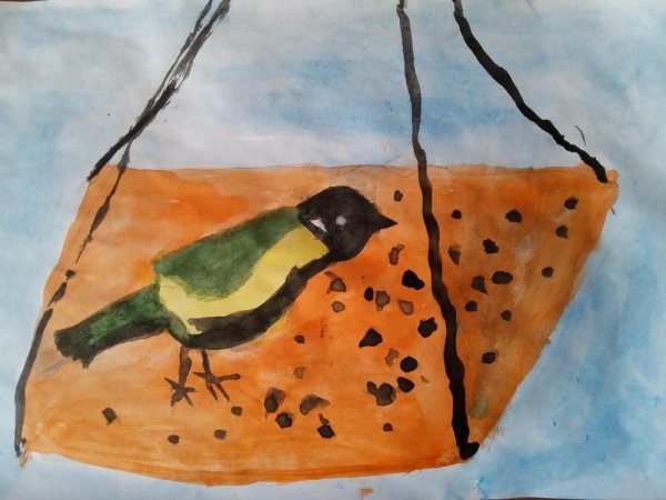 Рисование птицы на кормушке