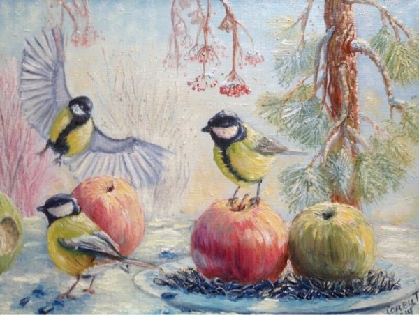 Птицы зимой живопись