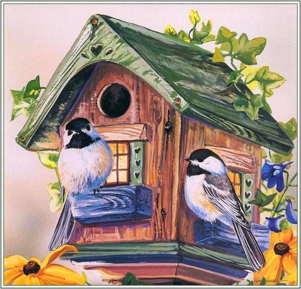 Ребенок и кормушка живопись