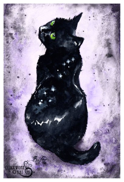 Черная кошка акварелью