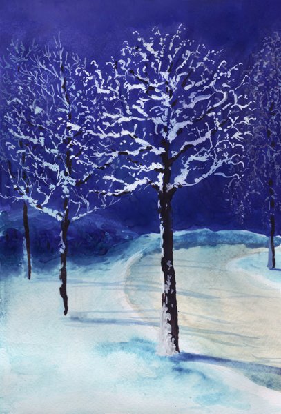 Зимнее дерево акварелью