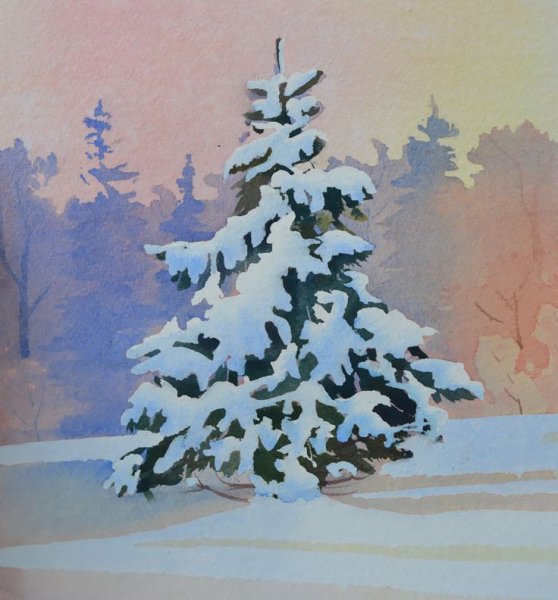 Зимняя елка гуашью