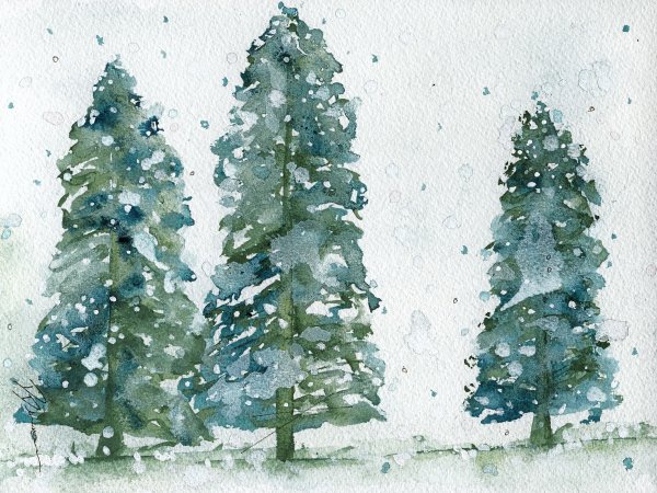 Деревья зимой акварелью