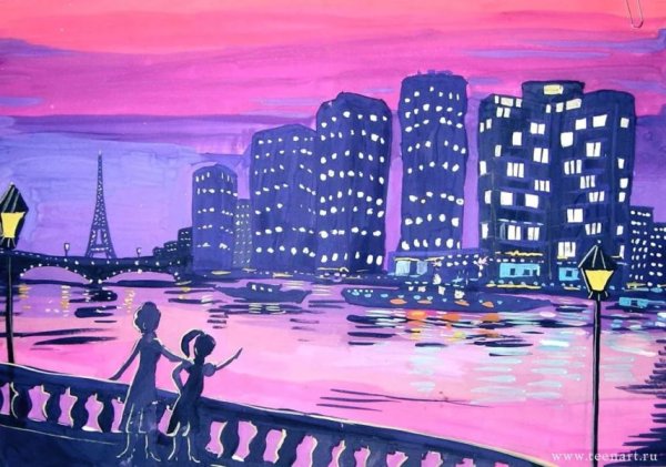 Пейзаж города гуашью