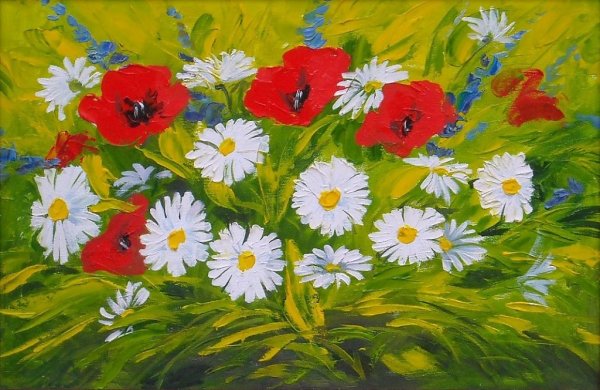 Поле с маками и ромашками