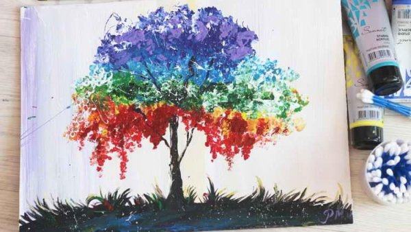 Дерево гуашью и ватными палочками