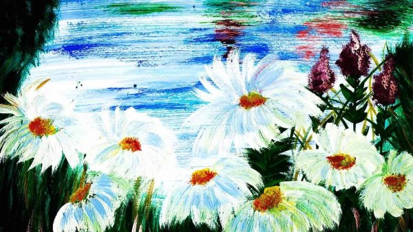 Рисовать пейзаж гуашью с ромашками