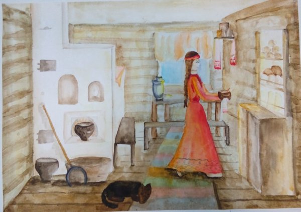 Рисование интерьера русской избы