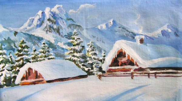 Зима в горах гуашью