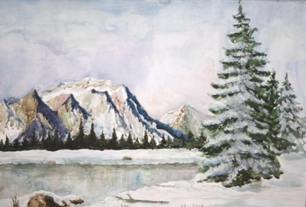 Зимние горы акварелью