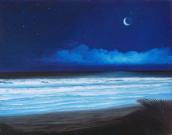 Ночное море гуашью