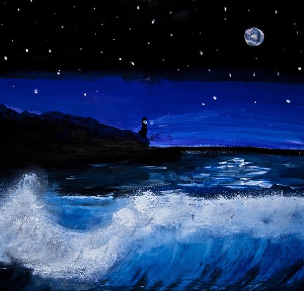 Ночное море гуашью