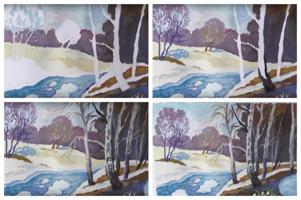 Зимний пейзаж пошагово