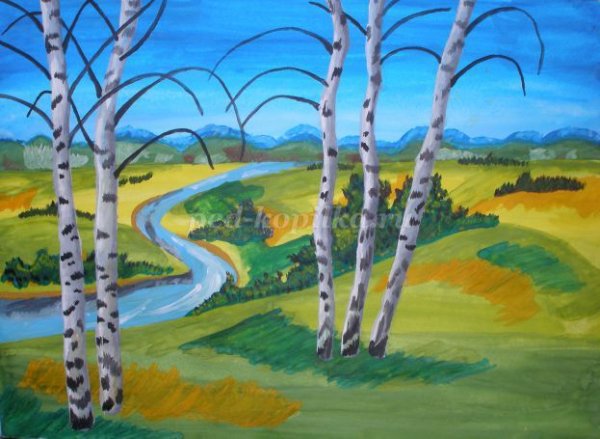 Весенний пейзаж гуашью для детей