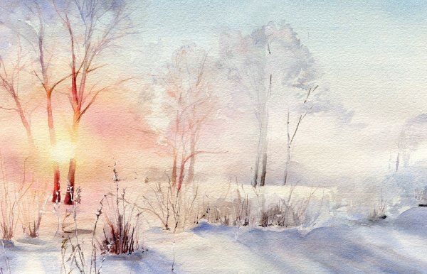 Закат в зимнем лесу гуашью