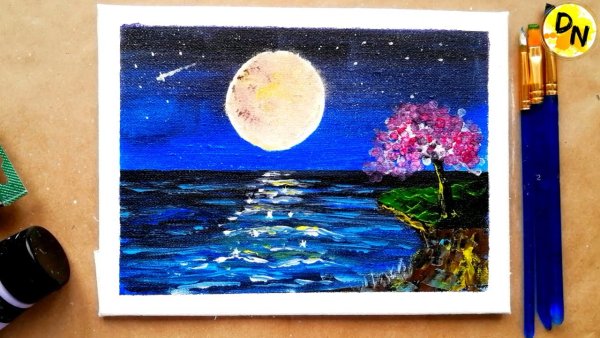 Ночное море рисунок акрилом