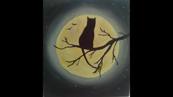 Кот и Луна гуашь