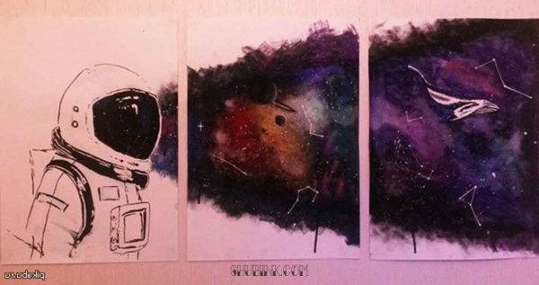 Акварелью и гуашью космонавт и космос