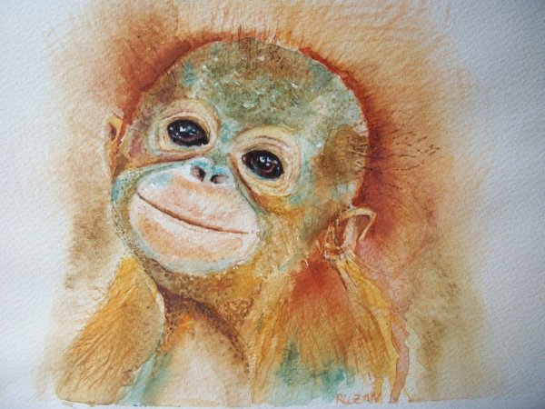 Обезьянка акварель