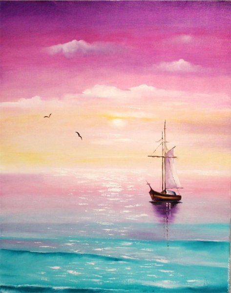 Пейзаж моря гуашью