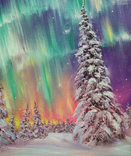 Северное сияние масляными красками.. Живопись