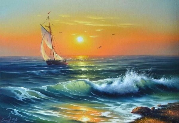 Море парусник маслом