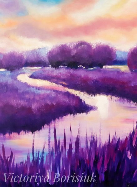 Сиреневый пейзаж маслом