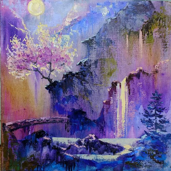 Пейзаж в фиолетовых тонах акварелью