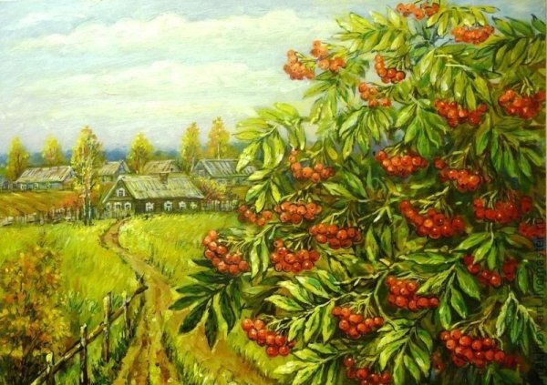 Пейзаж с рябиной живопись