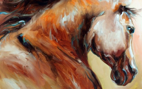 Гнедая лошадь акварелью