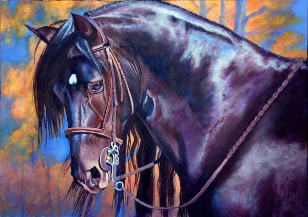 Черная лошадь маслом