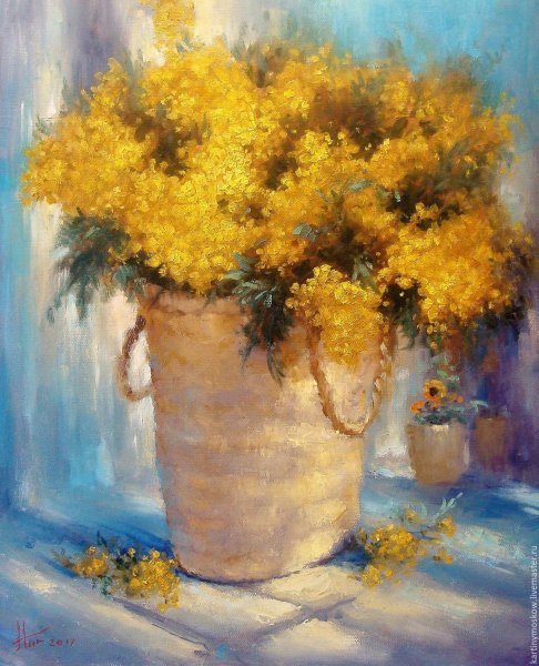 Мимоза акварелью по мокрому