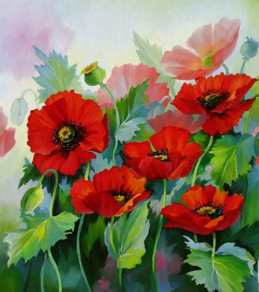 Красные цветы акриловыми красками