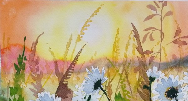 Пейзаж луг цветов акварелью