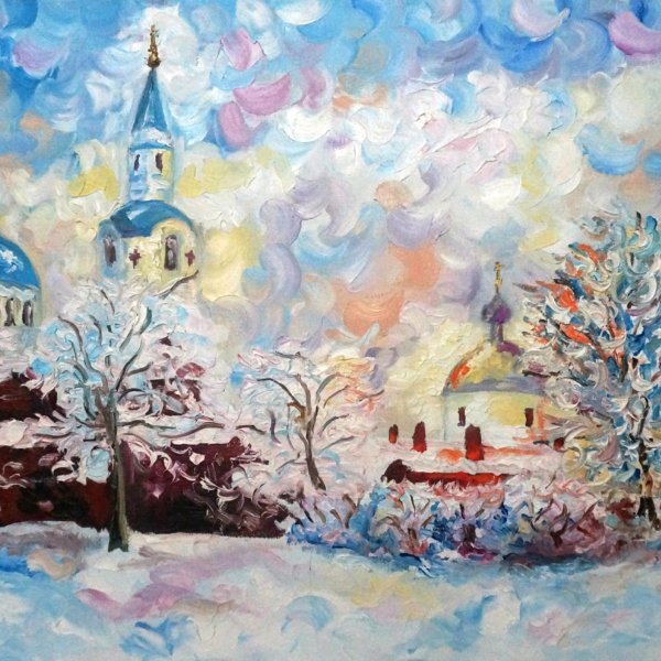 Рождественский пейзаж гуашью