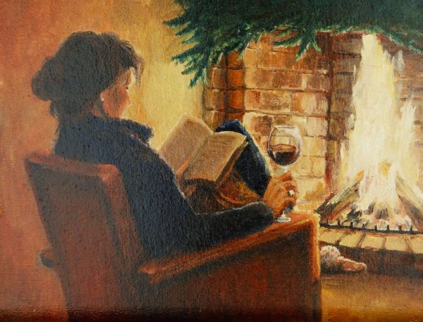 С книгой у камина