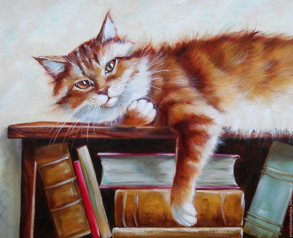 Кот лежит живопись