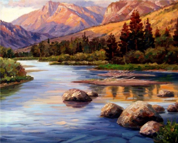 Пейзажи горных рек маслом на холсте