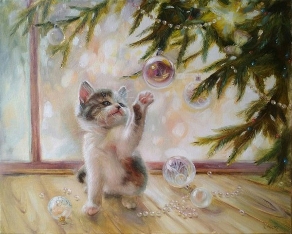 Новогодний кот живопись
