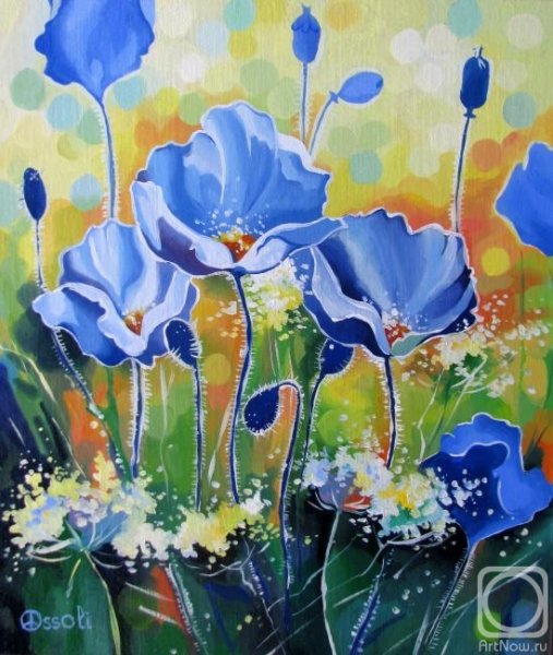 Синие цветы маслом на холсте